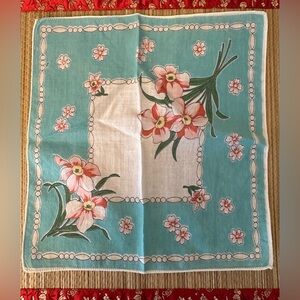 Antique Floral Victorian Handkerchief Pink And Turquoise Hankie 10”x10”